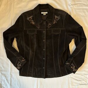 Coldwater Creek Leather Suede Blazer Jacket Large Dark Brown Embellished Western